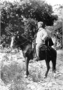 Man riding horse with hand on hip, staring into distance